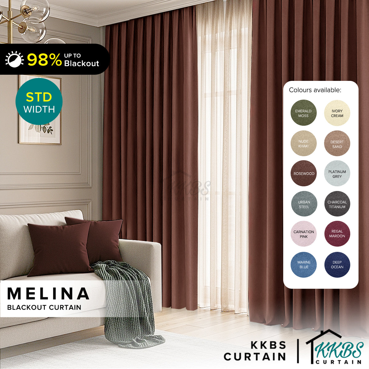 Melina Langsir Siap Jahit Cangkuk & Eyelet Kalis Cahaya 90-98% - Lebar Standard