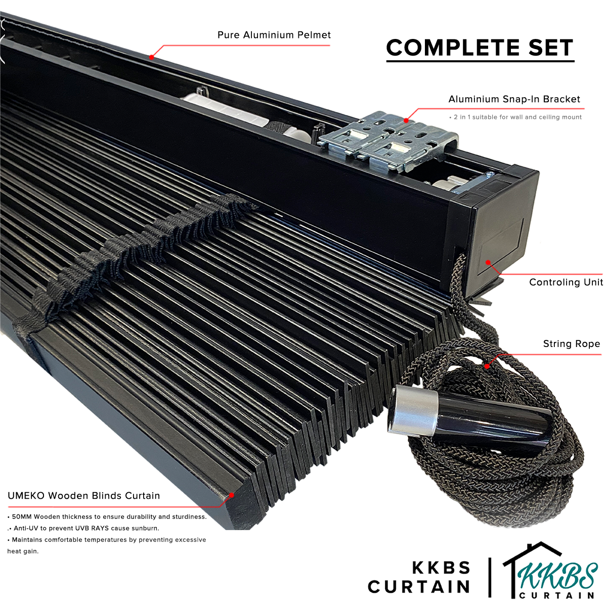 Bidai Kayu Umeko 50mm Dibuat Disesuaikan