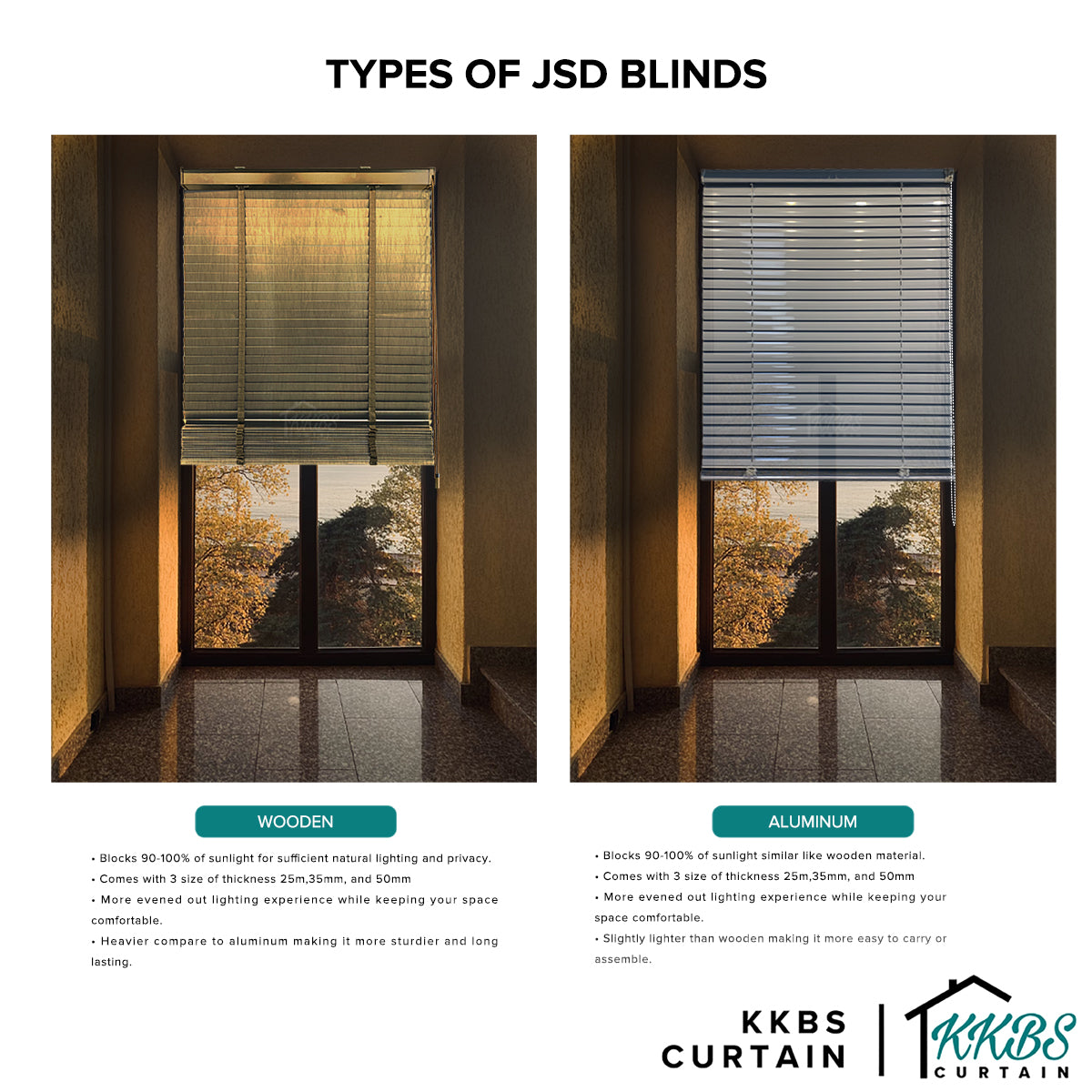 Bidai Kayu Umeko 50mm Dibuat Disesuaikan